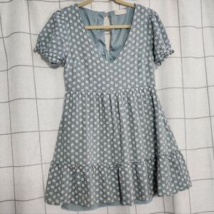 Blue Floral Tiered V-Neck Short Sleeve Dress